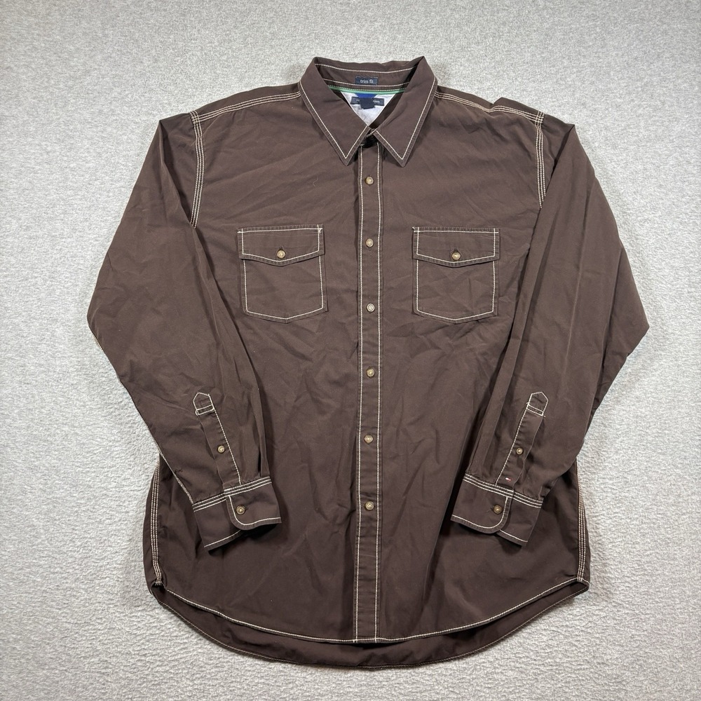 Vintage Tommy Hilfiger Button Shirt Mens Brown Contrast Stitch Y2K Workwear